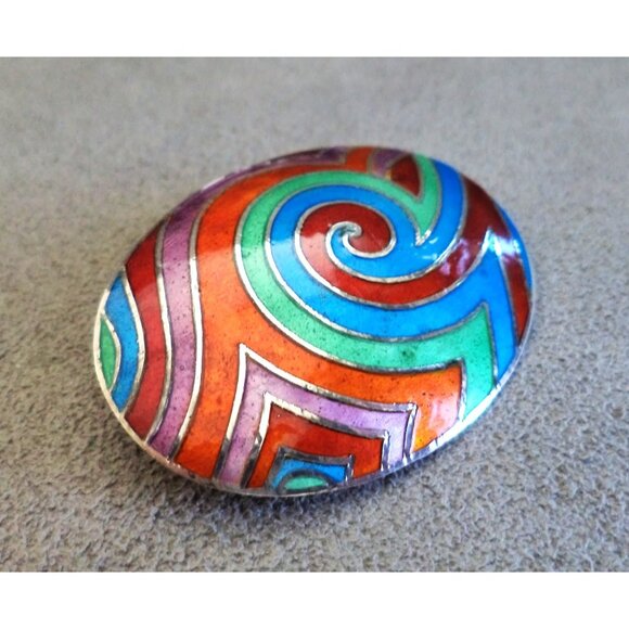 Vtg Wild RAINBOW Spiral ENAMEL +STERLING Silver BROOCH is PENDANT Blue Green Red - Picture 3 of 7